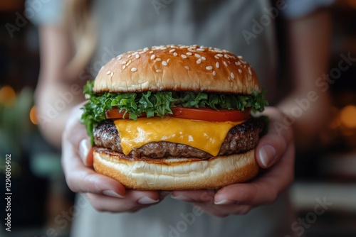 Juicy Cheeseburger Topped With Fresh Lettuce, Tomato, and Onion Held by a Per...