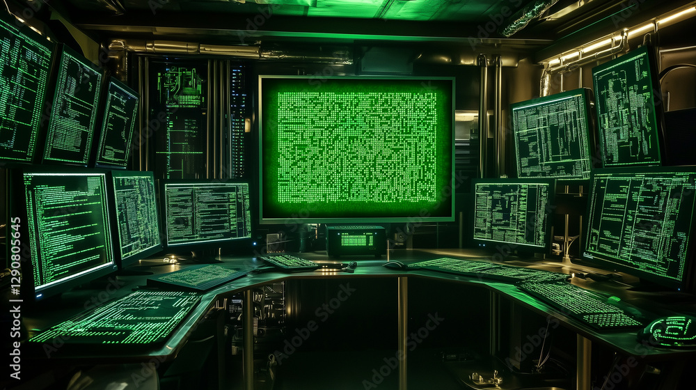 Fototapeta premium Inside a futuristic hacker’s den, multiple high-resolution monitors and a central television screen emit radiant green matrix code, forming an intricate web of digital symbols