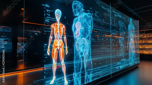 Inside a futuristic hospital, a massive holographic display projects a highly detailed human anatomy model, shimmering with neon blue and orange energy