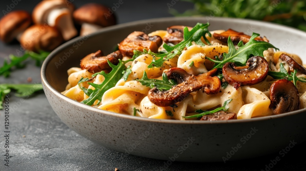 A visually delightful creamy pasta bowl brimming with mushrooms and fresh greens, epitomizing a blend of taste and aesthetics in a comforting, gourmet meal. A visually delightful creamy pasta bowl brimming with mushrooms and fresh greens, epitomizing a blend of taste and aesthetics in a comforting, gourmet meal.