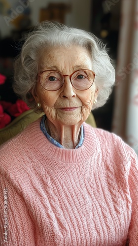 Elderly Woman With Glasses Wearing a Pink Sweater Sitting Indoors With a Warm...