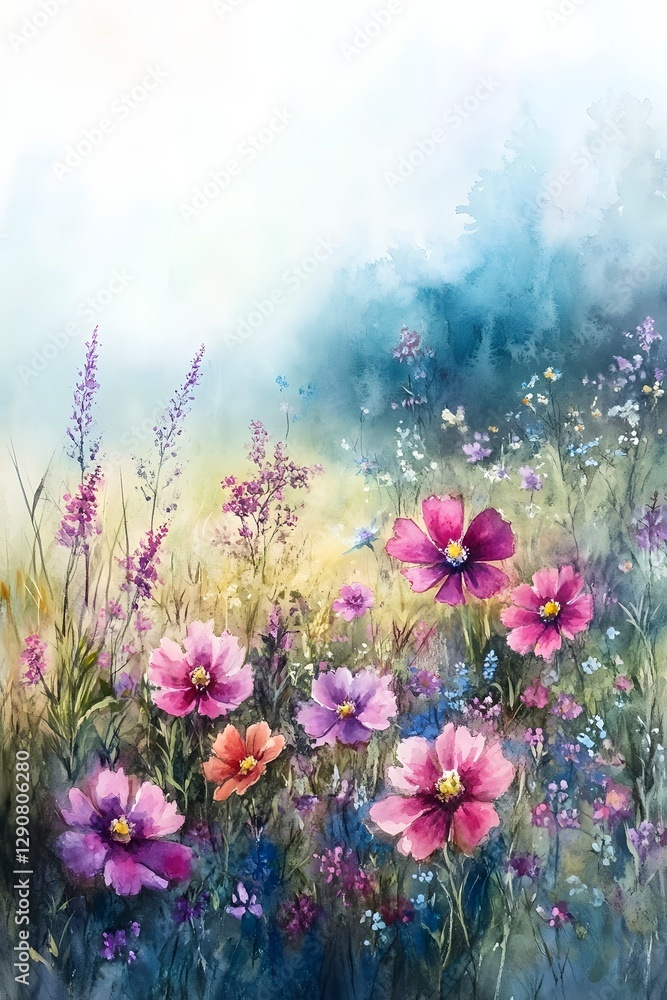 Fototapeta premium Dreamy Watercolor Landscape of Misty Flower Field with Vibrant Blooms in Hazy, Enchanted Background