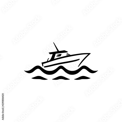 Simplistic illustration of a motorboat sailing across the ocean at black and white.