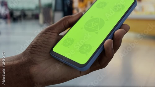Wallpaper Mural GREEN SCREEN CHROMA KEY Hand holding smartphone with green screen in a busy food court, perfect for app and branding mockups in commercial settings Torontodigital.ca