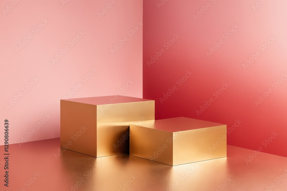 Fototapeta premium Two golden cube podiums on glossy pink surface
