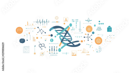 The image is a stylized illustration on a white background. It features a prominent DNA double helix rendered in blue and teal.  Surrounding the DNA are various smaller, hand-drawn style