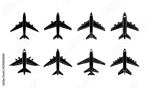 Airplane top view set silhouette isolated on white background
