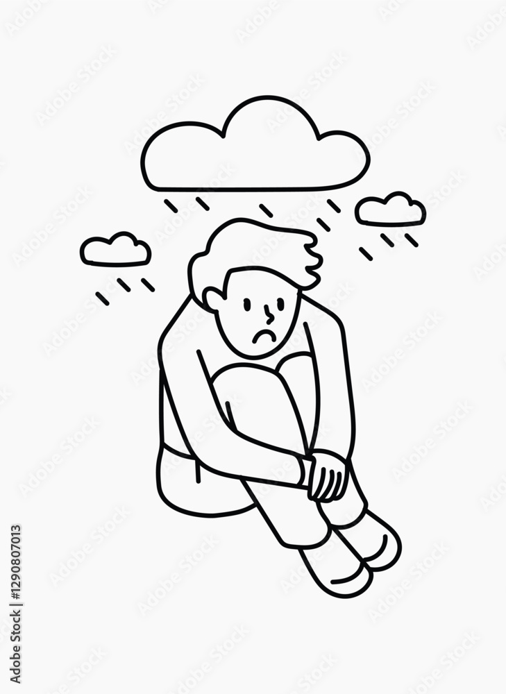 Man with depression raincloud doodle collage element vector Man with depression raincloud doodle collage element vector