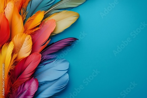 Vibrant Assortment of Colorful Feathers Arranged on a Bright Turquoise Backgr...