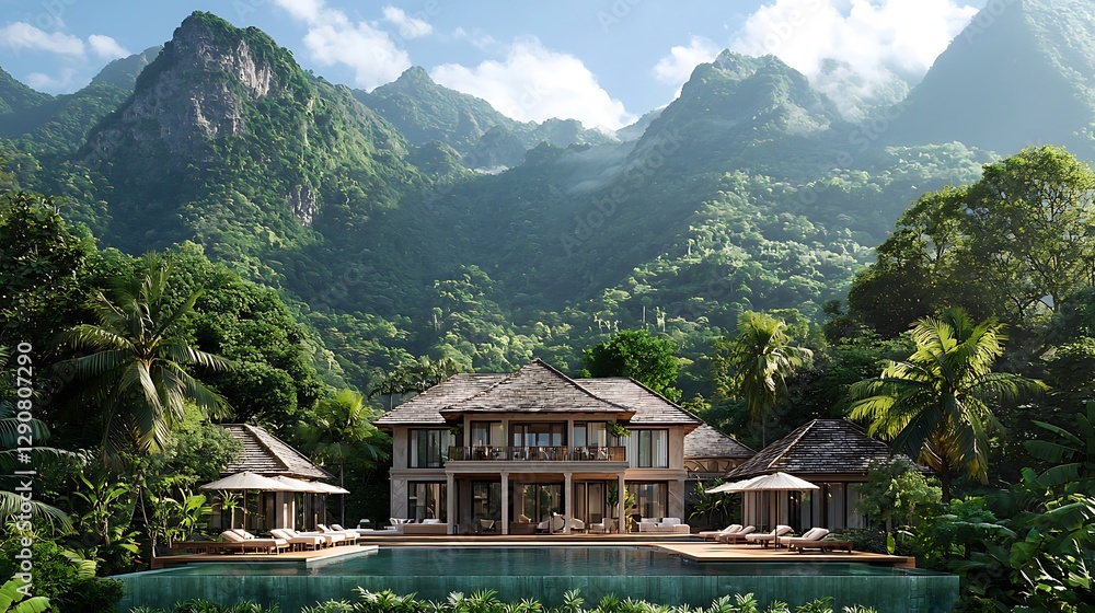 Naklejka premium Luxurious Tropical Estate Home with Infinity Pool and Mountain Views.