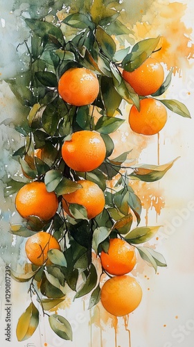 Vibrant Oranges Hanging on Branches With Lush Green Leaves in a Watercolor Style