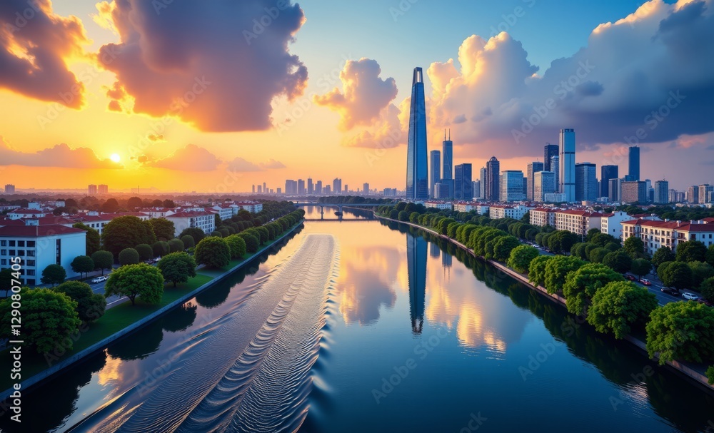 Fototapeta premium ComputingData flowing like a river through a vibrant city 