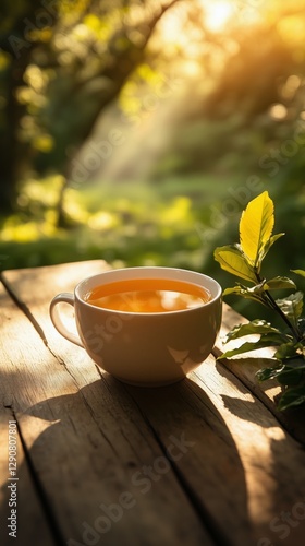 Warm Cup of Tea on a Wooden Table During Sunset in a Serene Garden