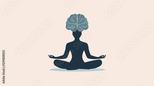 The image is a vector graphic illustration depicting a dark-blue silhouette of a person seated in a lotus yoga position.  A light-blue brain silhouette sits atop the person's head. The background