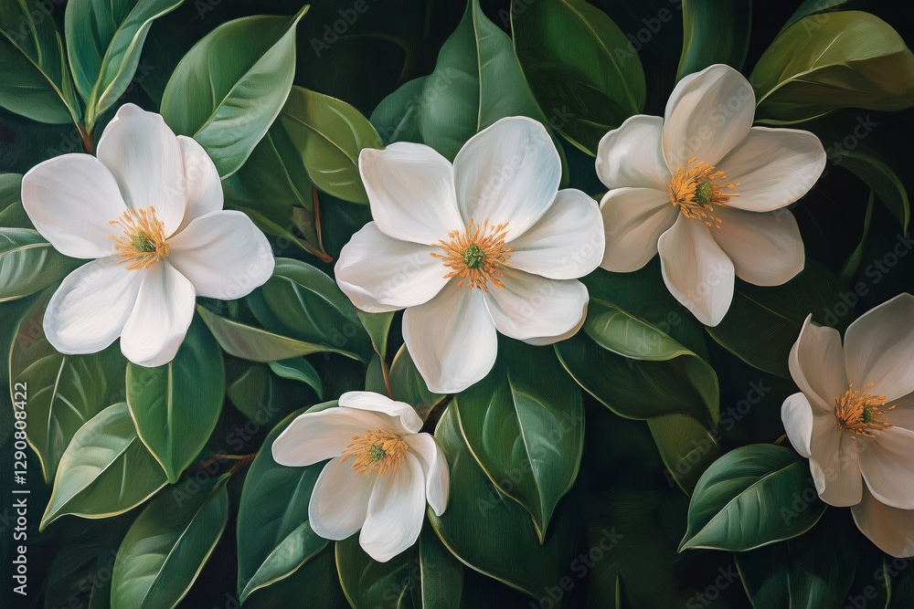 Fototapeta premium White Flowers With Green Leaves Set Against a Dark Teal Background in Tropical Style Artwork