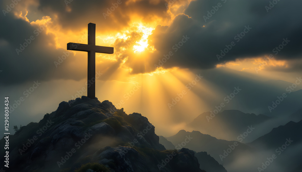 Fototapeta premium Christian cross, crucifixion on beautiful mountain rock at sunrise landscape. jesus easter resurrection concept. Good Friday. Religion, Bible, Christianity and faith concept.