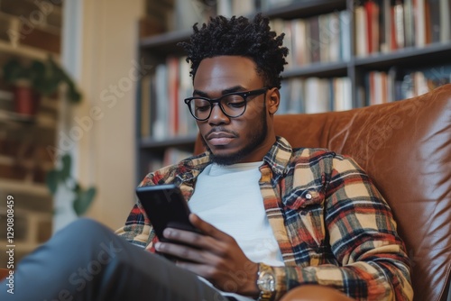 Man Reading on Smartphone While Relaxing in Cozy Library Setting