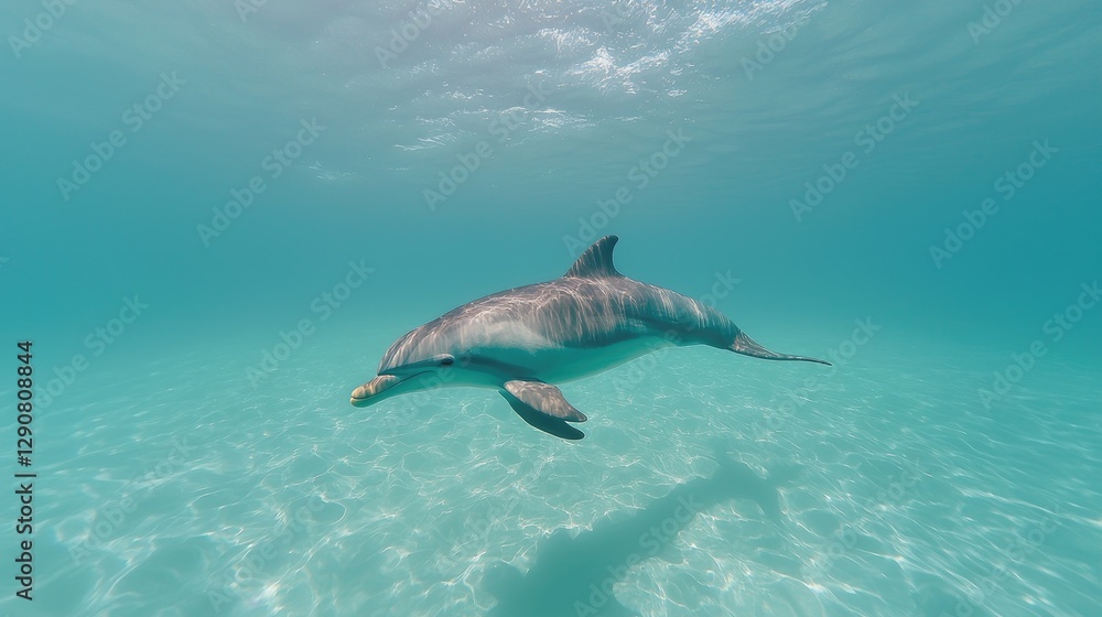Obraz premium Underwater dolphin swimming in clear turquoise water. Possible use Stock photo for marine life, wildlife, nature, travel, or tourism