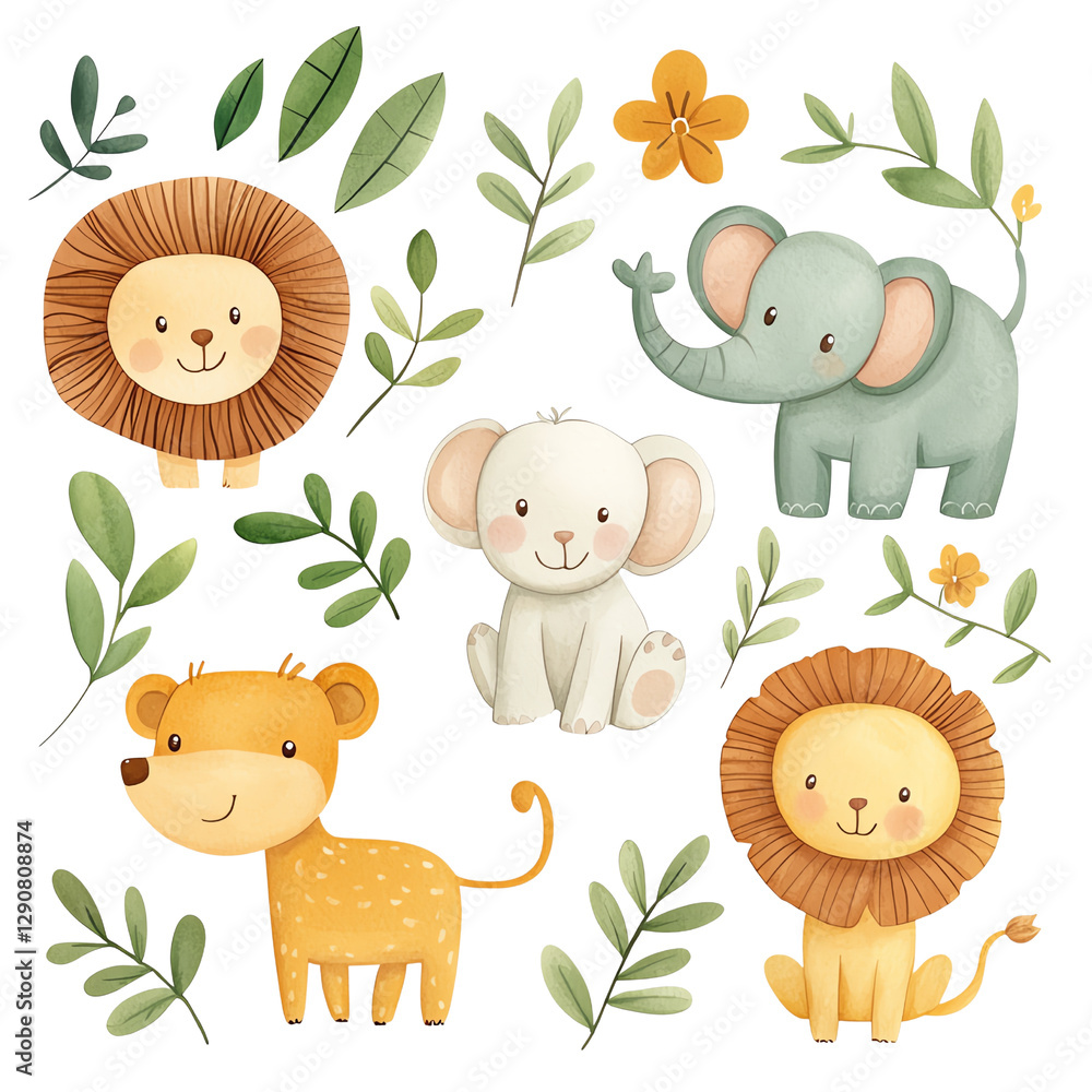 Fototapeta premium transparent Isolated Cute animal illustrations with foliage design. png illustration