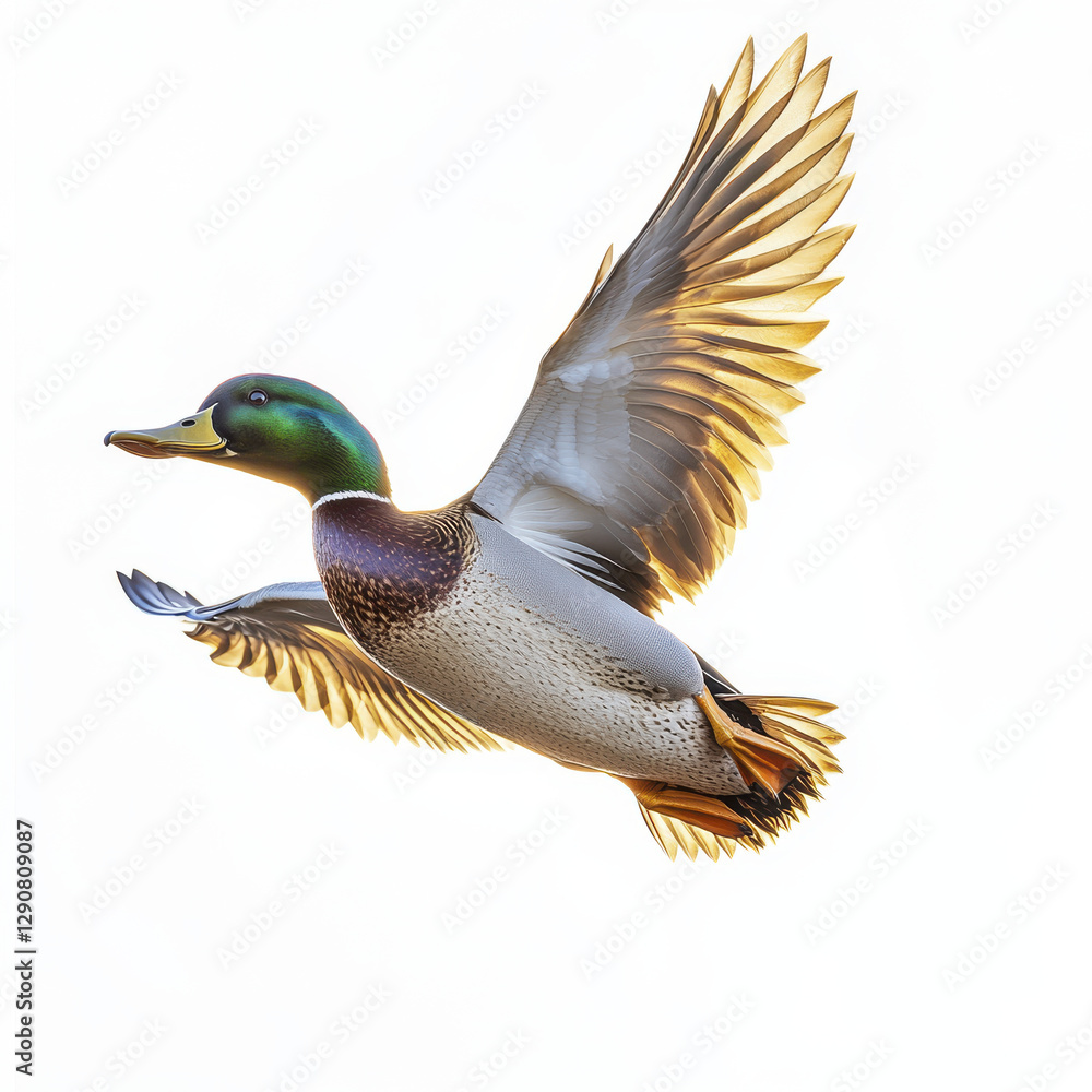 mallard duck in flight, showcasing its vibrant plumage and graceful wings. image captures beauty and elegance of this bird in motion, set against bright background mallard duck in flight, showcasing its vibrant plumage and graceful wings. image captures beauty and elegance of this bird in motion, set against bright background