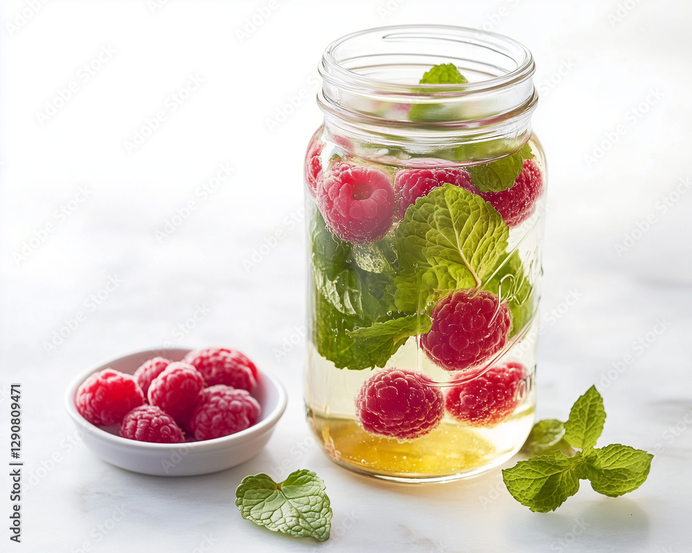 Raspberry and mint infused water in mason jar. Raspberry and mint infused water in mason jar.