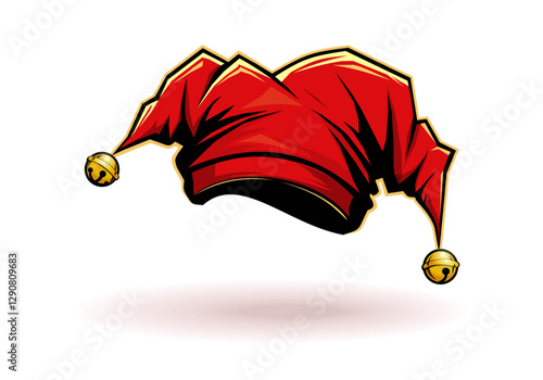 Red jesters cap with golden bells isolated on white background. Cartoon vector illustration
