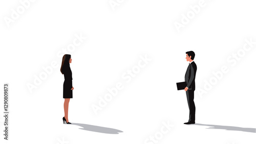 The image shows a man and a woman in business attire standing facing each other against a pure white background.  Both individuals are in profile view, maintaining a significant distance between