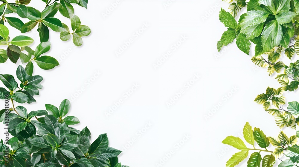 Naklejka premium Lush Green Leaves Frame on White Background