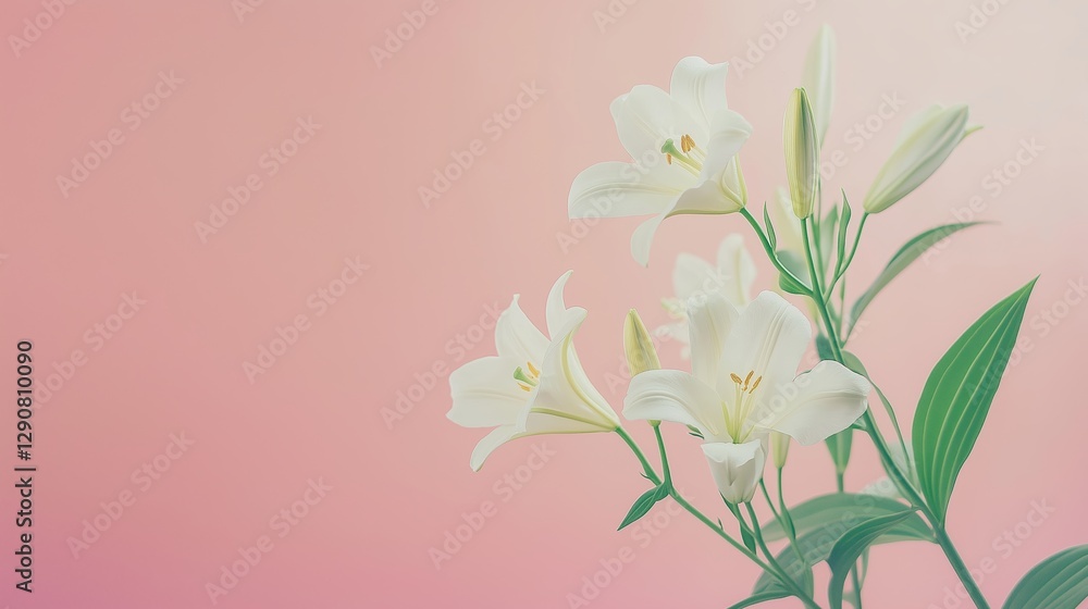 Naklejka premium White lilies with green leaves on a soft pink background