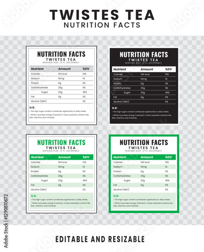 Twistes tea Nutrition Facts. Nutrition Facts Label and Nutrition List. Editable and Resizable Templates of Nutrition Facts, Supplement Facts and Vitamin Facts. Isolated on Transparent Background.