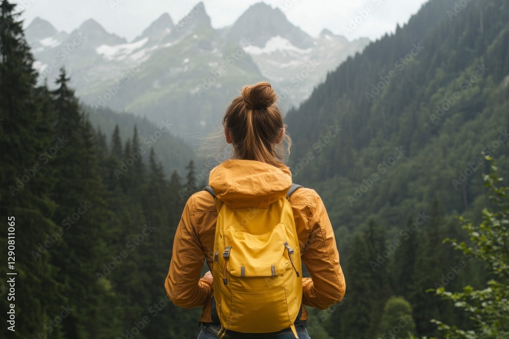 Naklejka premium woman with an amber jacket and yellow backpack stands on the edge of a mountain