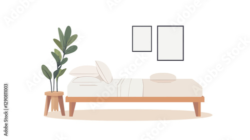 A digital illustration depicting a minimalist bedroom interior. The image shows a simple wooden bed with white bedding and pillows. A potted fiddle leaf fig plant sits on a small wooden stool to