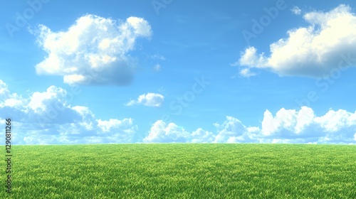Bright Sunny Day Landscape: Green Field Under Blue Sky with Fluffy White Clouds