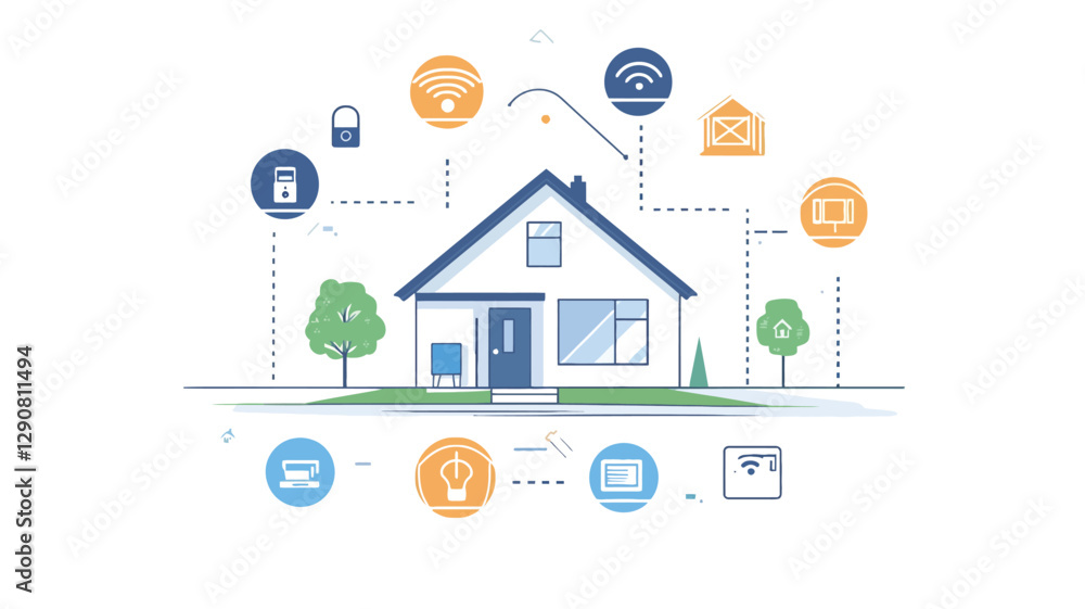 Fototapeta premium A stylized illustration depicting a single-story house surrounded by various circular icons representing smart home features. The icons are connected to the house by thin lines suggesting network