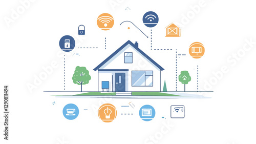 A stylized illustration depicting a single-story house surrounded by various circular icons representing smart home features.  The icons are connected to the house by thin lines suggesting network