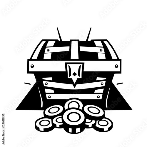 Illustrative black and white image of a treasure chest with a stylized design and coins.