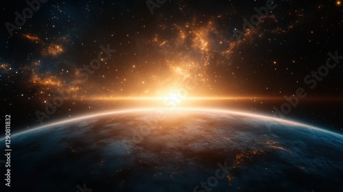 Wallpaper Mural An awe-inspiring cosmic sunrise shimmering over the horizon of a distant planet, highlighting the vastness and beauty of our universe in a rich color palette. Torontodigital.ca