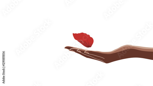 A minimalist vector illustration showing a dark brown-skinned hand with an open palm gently holding a small, red, abstract heart-shaped form that appears to float slightly above the palm. The