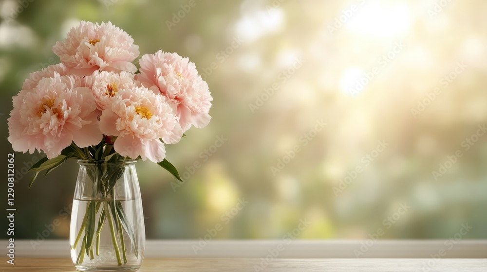 A delightful bouquet of pink peonies displayed in a clear glass vase captures the essence of nature's beauty, exuding warmth and charm for any space. A delightful bouquet of pink peonies displayed in a clear glass vase captures the essence of nature's beauty, exuding warmth and charm for any space.
