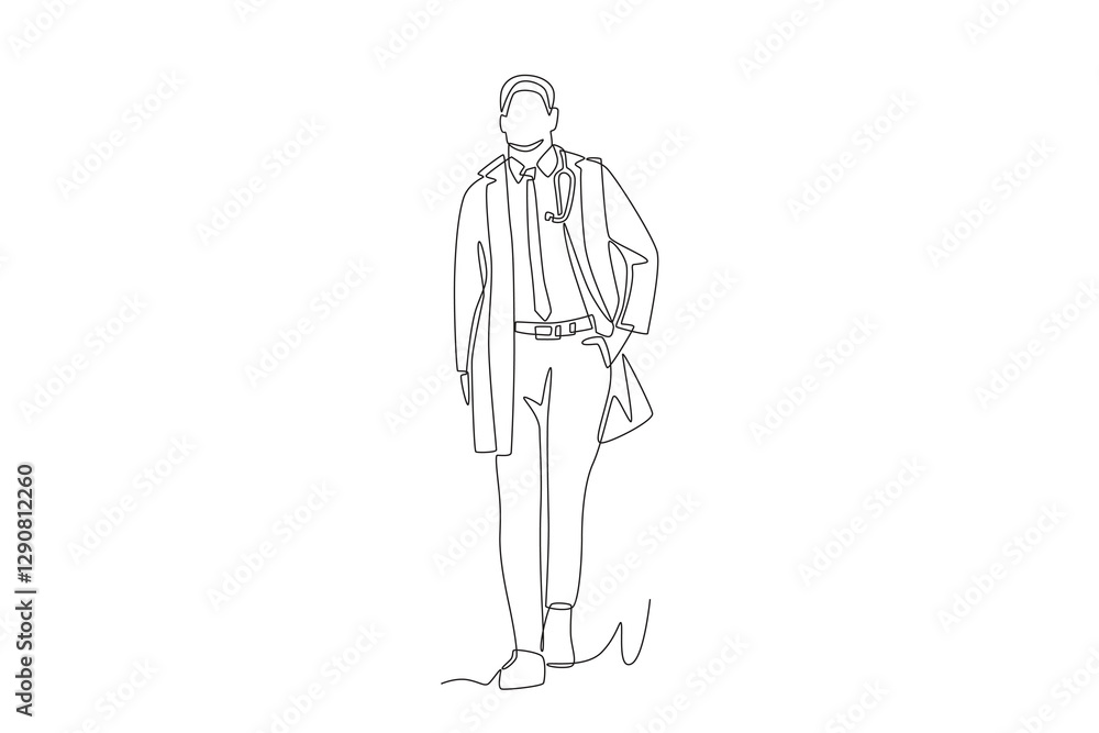 The doctor walks towards the clinic. Walking into the clinic concept one-line drawing The doctor walks towards the clinic. Walking into the clinic concept one-line drawing