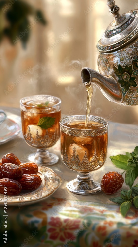 Pouring Moroccan mint tea from a traditional silver teapot into ornate glasses adorned with vibrant patterns on a colorful tablecloth Pouring Moroccan mint tea from a traditional silver teapot into ornate glasses adorned with vibrant patterns on a colorful tablecloth