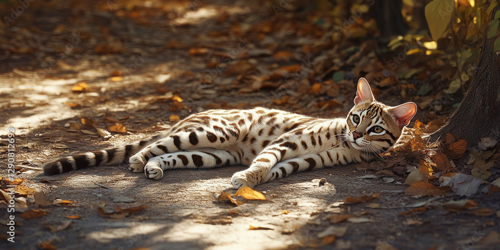 Obraz premium Relaxed Bengal cat lounging on a sunlit pathway, surrounded by autumn leaves and warm natural tones