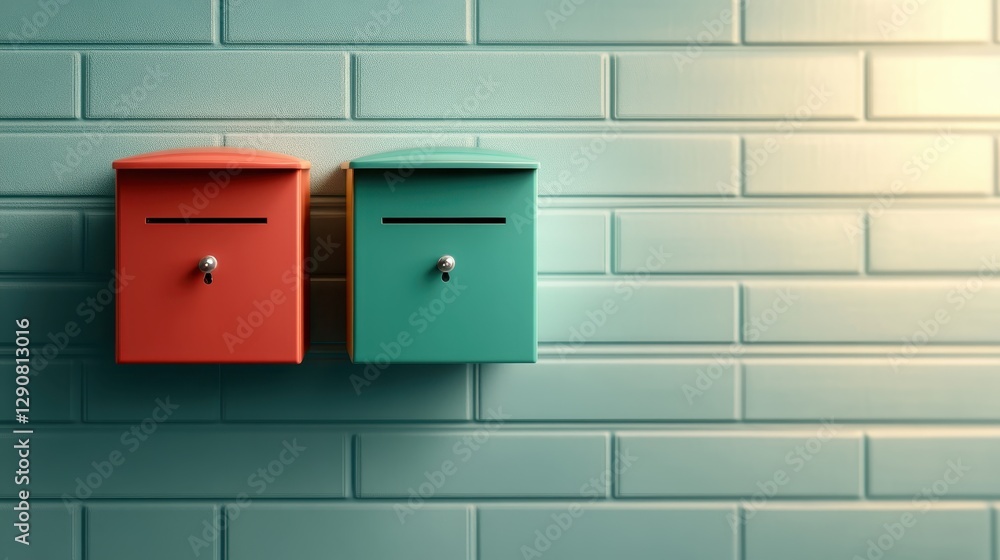 The image features two vibrant mailboxes in red and teal, beautifully contrasting against a textured, light blue wall, embodying a charming and inviting aesthetic. The image features two vibrant mailboxes in red and teal, beautifully contrasting against a textured, light blue wall, embodying a charming and inviting aesthetic.