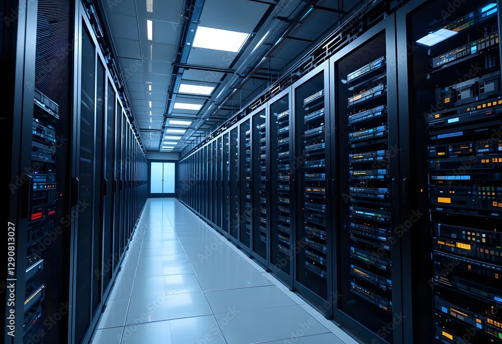 Inside View of a Data Center with Hundreds of Servers Operating Efficiently. Concept of Cloud Infrastructure, Big Data Storage, Telecommunications Systems Supporting Advanced Inside View of a Data Center with Hundreds of Servers Operating Efficiently. Concept of Cloud Infrastructure, Big Data Storage, Telecommunications Systems Supporting Advanced