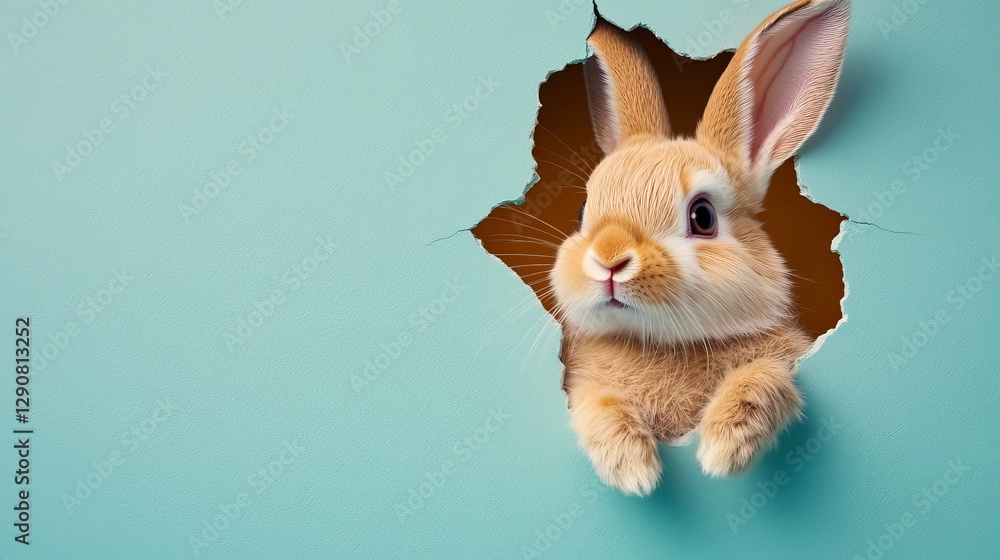 Obraz premium Cute Easter Bunny Peeking Through Torn Paper Hole, Spring Holiday Background With Copy Space.