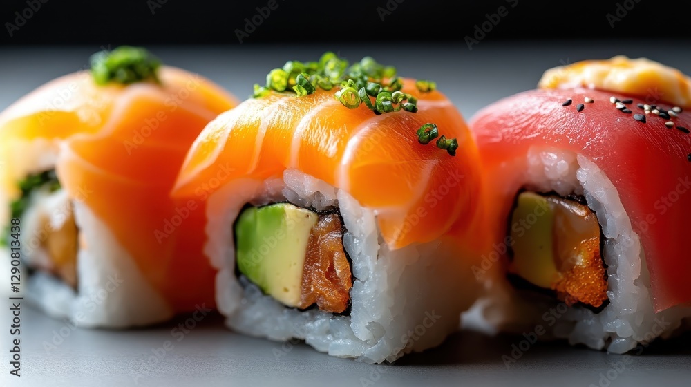 An artful display of sushi rolls featuring vibrant colors and textures, perfectly arranged to highlight the culinary artistry and creativity involved in sushi making. An artful display of sushi rolls featuring vibrant colors and textures, perfectly arranged to highlight the culinary artistry and creativity involved in sushi making.