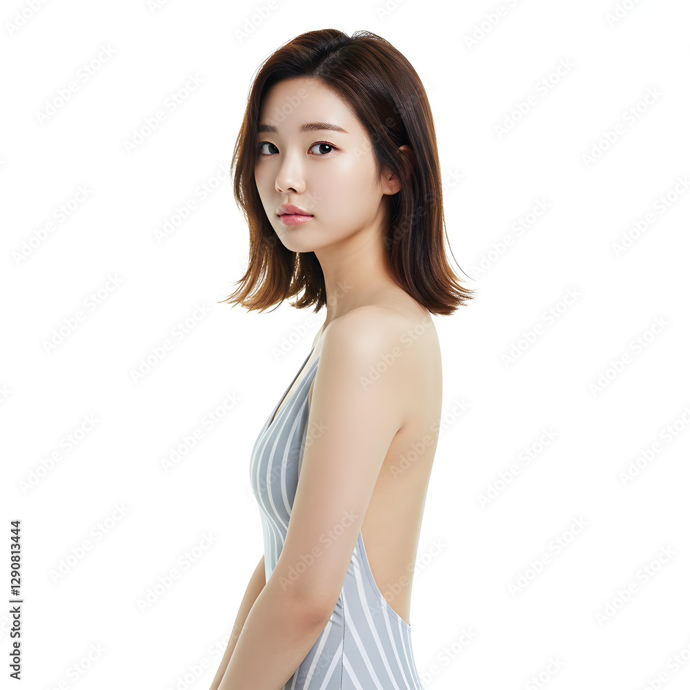 Floral One-Piece Swimsuit on Young Woman - Vibrant Summer Beach Fashion Stock Photo