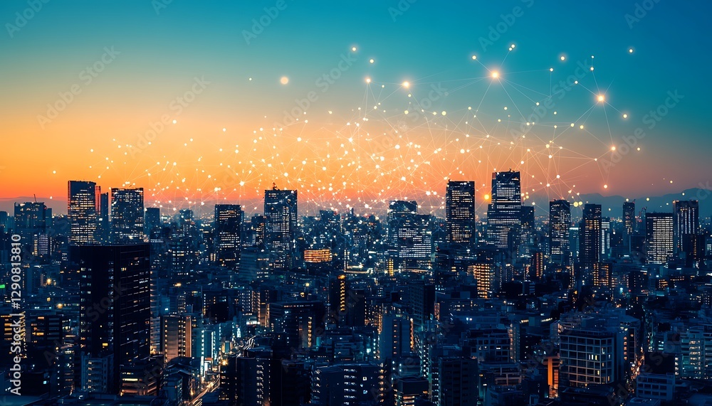 Fototapeta premium An illuminated city skyline with data network connections displayed
