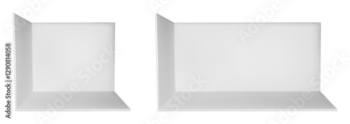 3d empty booth room mockup. White wall trade show cube box. Perspective product display space for expo kiosk. Conference stall inside exhibition area. Store showroom section for small backdrop
