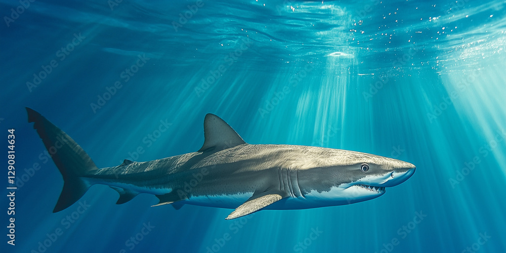 Obraz premium Powerful shark swimming majestically in sparkling blue waters, illuminated by rays of sunlight breaking through the surface